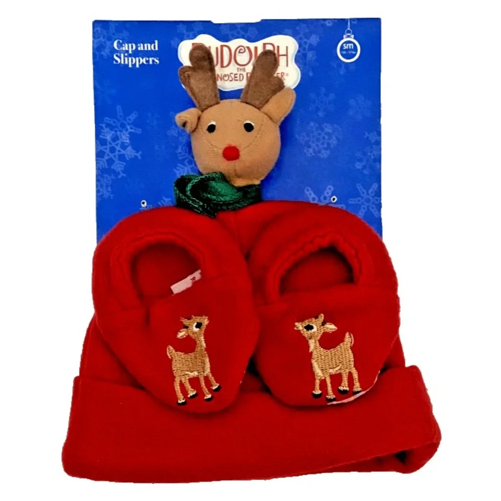 RUDOLPH THE RED-NOSED REINDEER Cap & Slippers Baby 12.5-17 Lbs. Small 3-9 Months